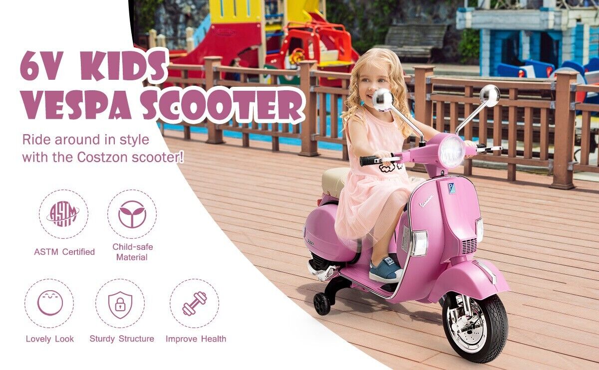 6V Vespa Scooter Motorcycle for Kids with Training Wheels and Headligh