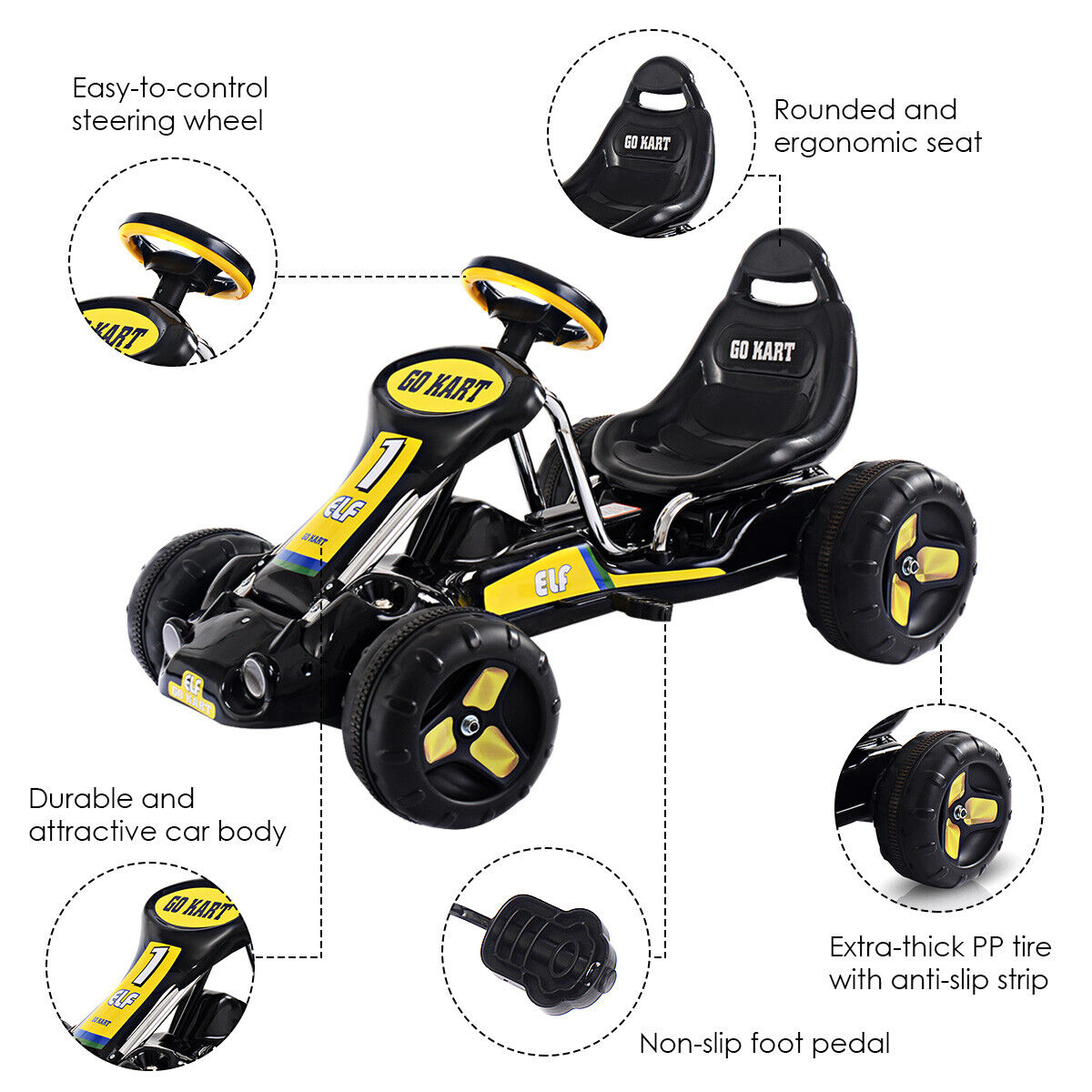 4 Wheel Racers Black Pedal-Powered Go Kart for Kids - 4 Wheel Racer Toy with Joyful R