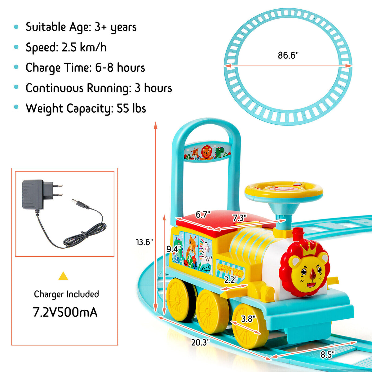 Blue Electric Kids Train Toy with Unique Design & Stickers - 6V Motori