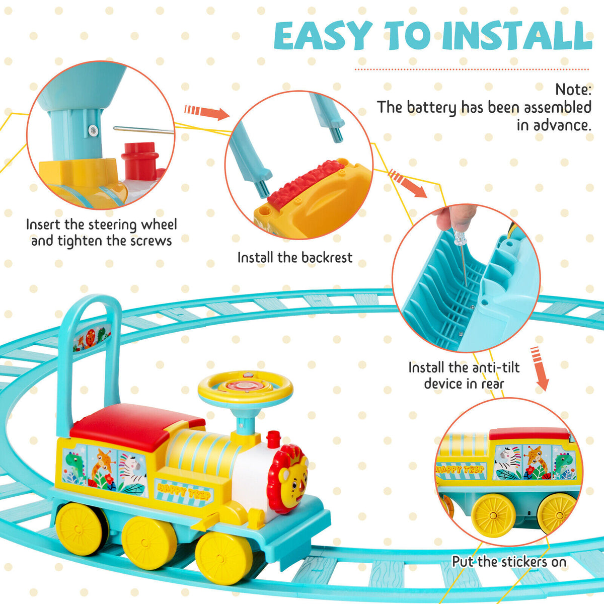 Blue Electric Kids Train Toy with Unique Design & Stickers - 6V Motori