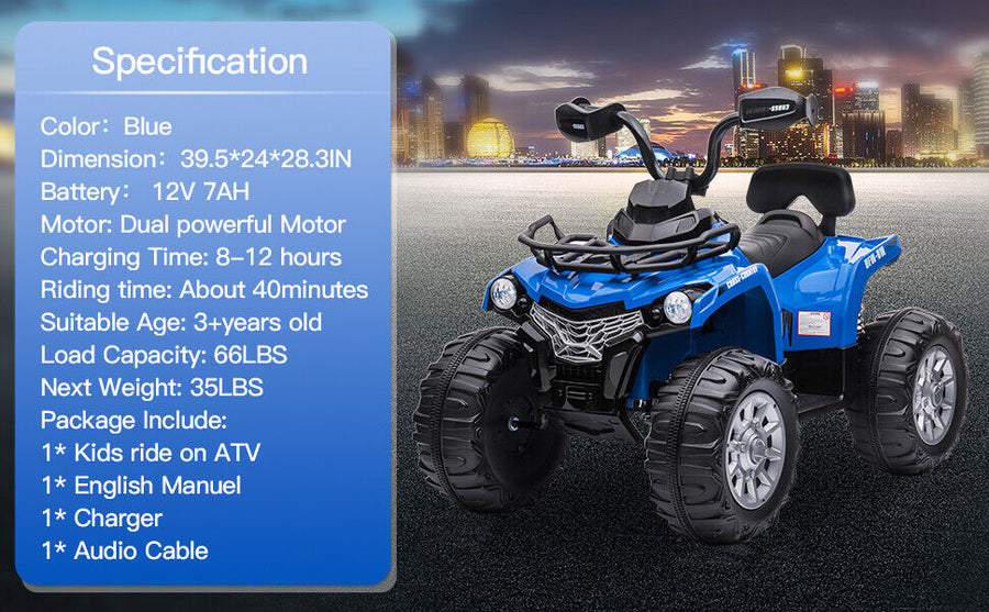Electric 4-Wheeler Quad for Kids with Speeds, MP3 Headlights Blu