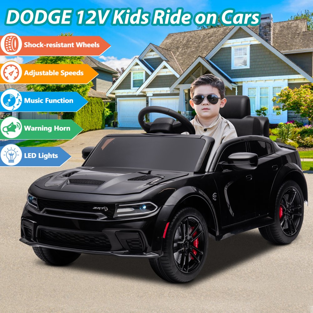Dodge Charger Kids Ride On Car 12V 3 Speeds Parent Remote Control LED Lights Music USB MP3 Bluetooth Black