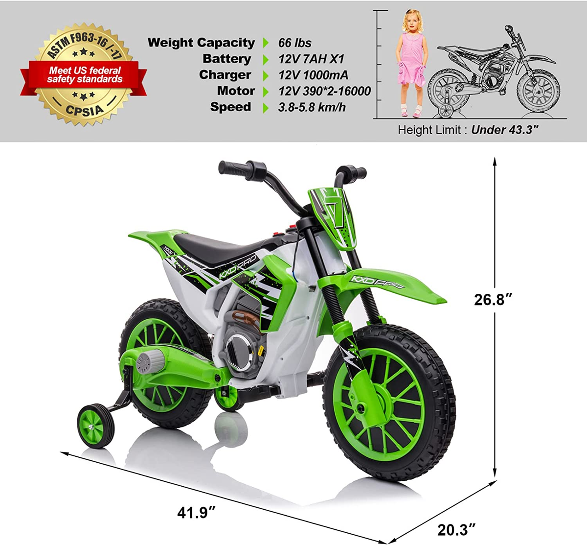 Electric Kids Dirt Bike with Training Wheels - 12V7AH Battery Powered,