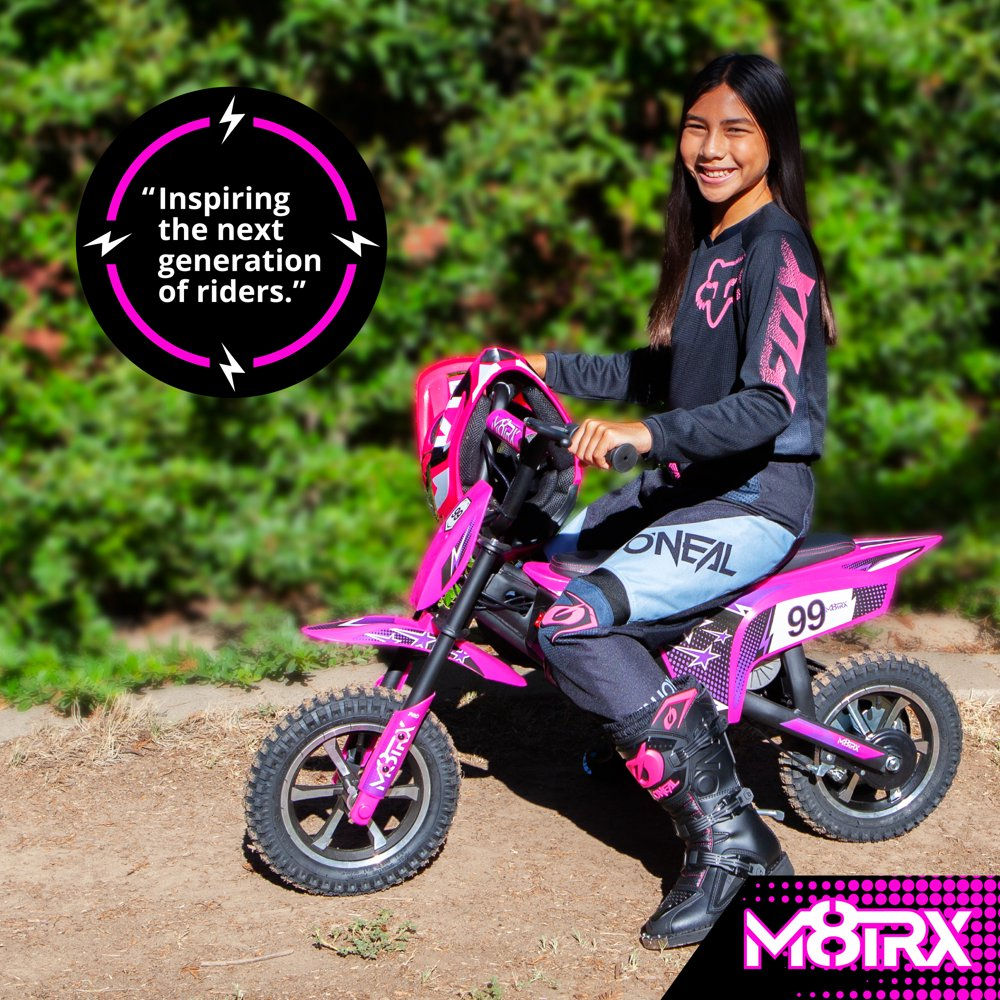 Electric Pink Dirt Bike for Kids 24V Rechargeable Battery Powered Mo