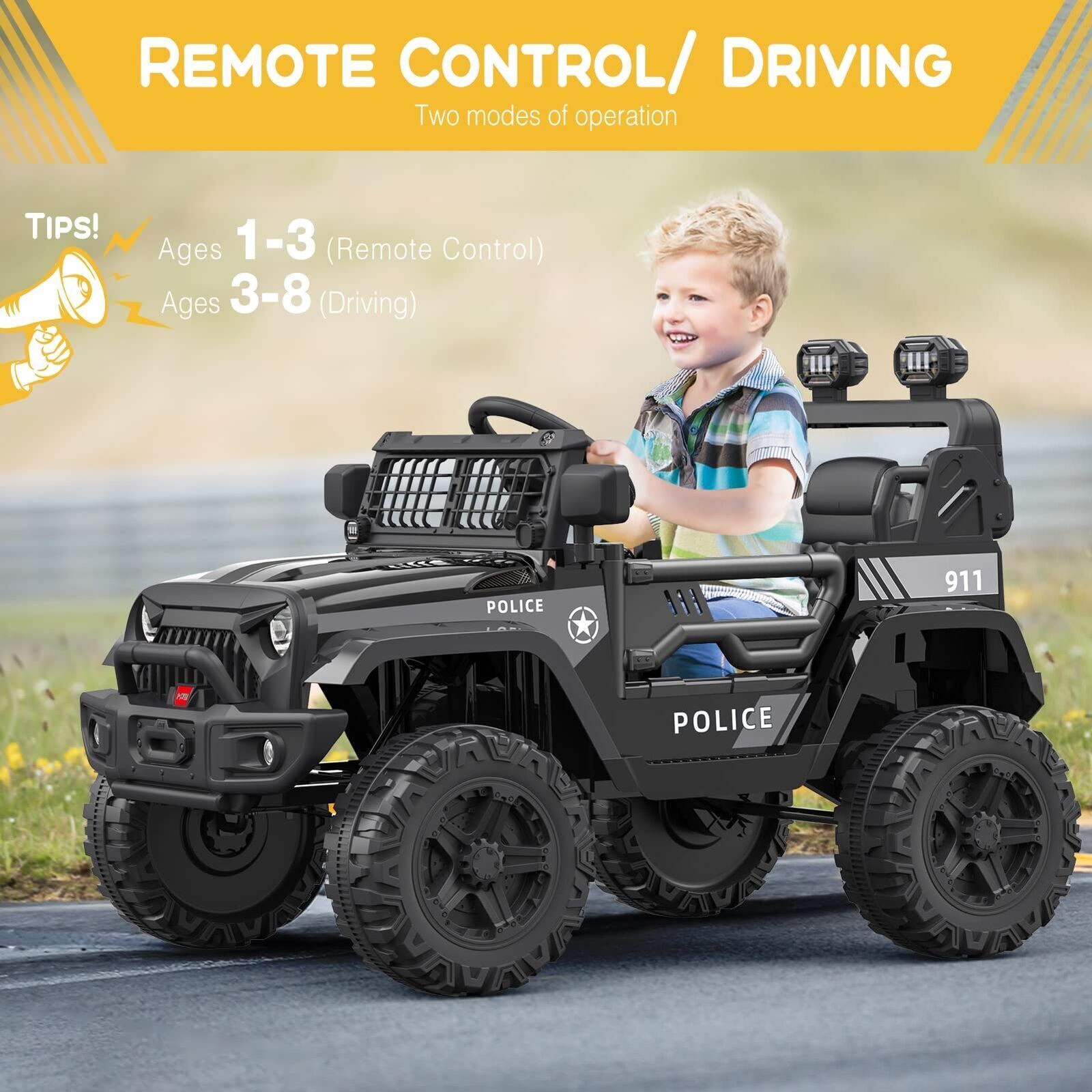 Electric Ride-On Car for Kids with Remote Control, 2 Speeds, and LED L
