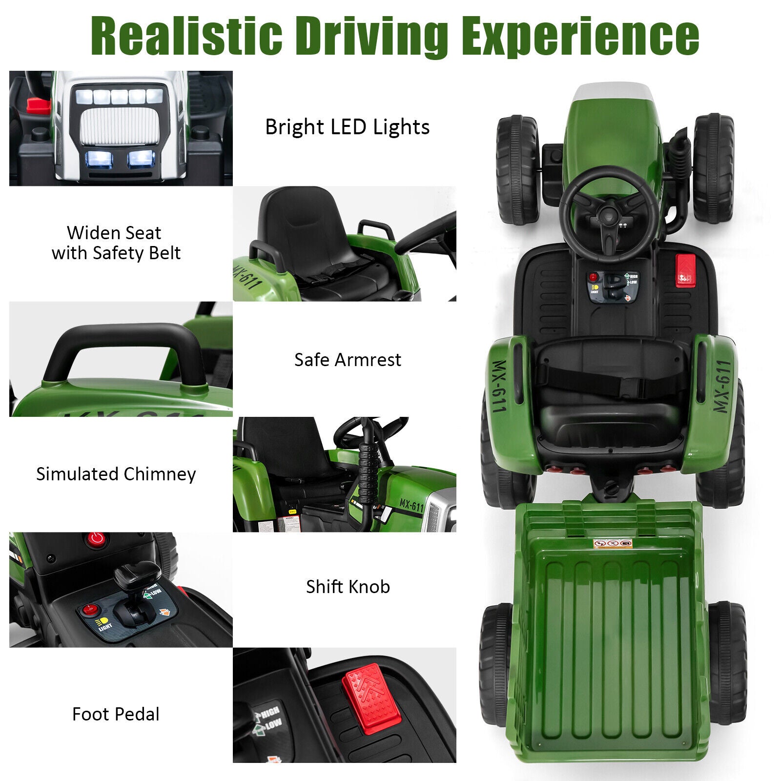 Electric Ride-On Tractor with Trailer and Remote Control - Dark Green