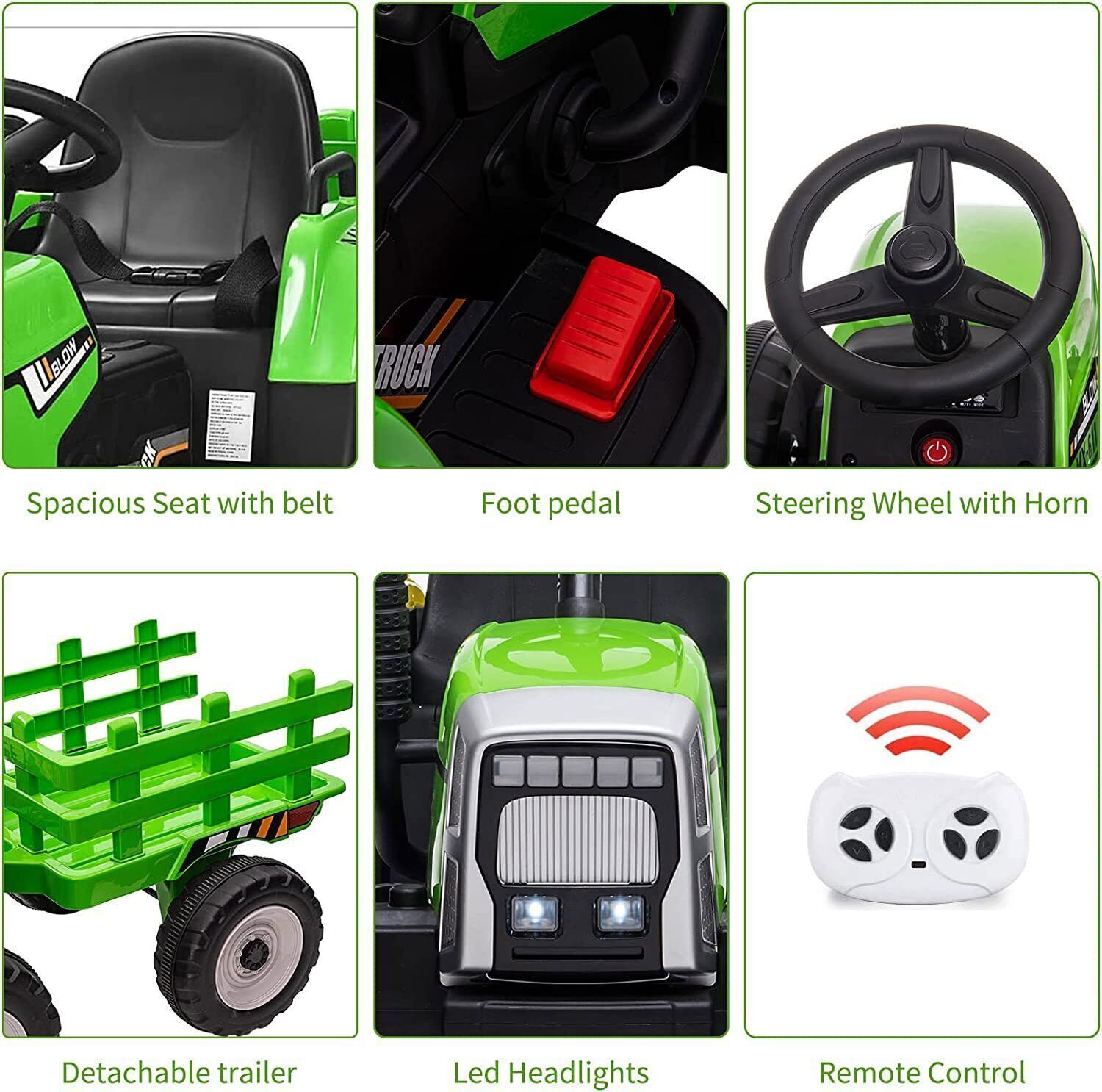Green 12V Kids Ride On Tractor with Trailer and Remote Control - Perfe