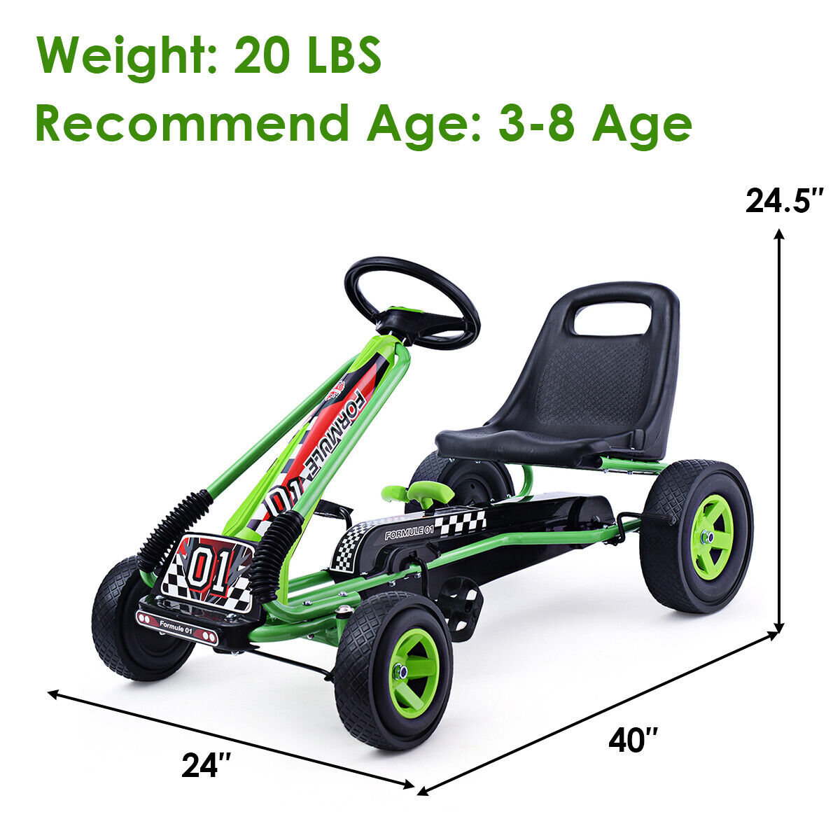 Green Adjustable Seat Pedal-Powered Kids Go Kart with 4 Wheels - Honey