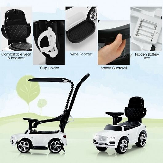 3-in-1 Licensed Bentley Kids Push and Sliding Car with Canopy-White - Color: White