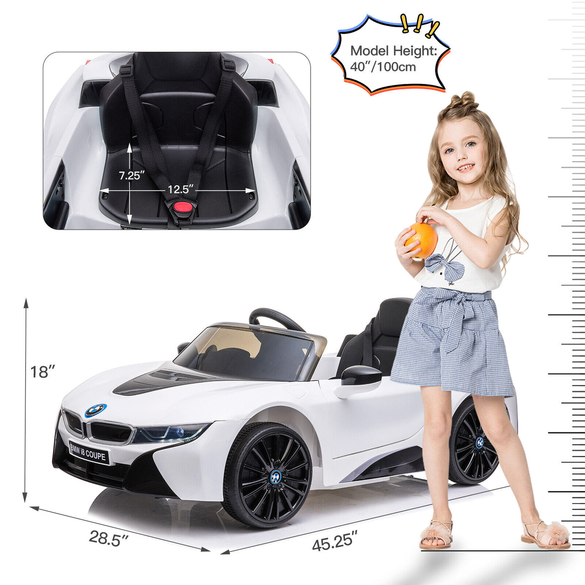 Licensed BMW I8 White Electric Ride-On Car for Kids with MP3 and Remot