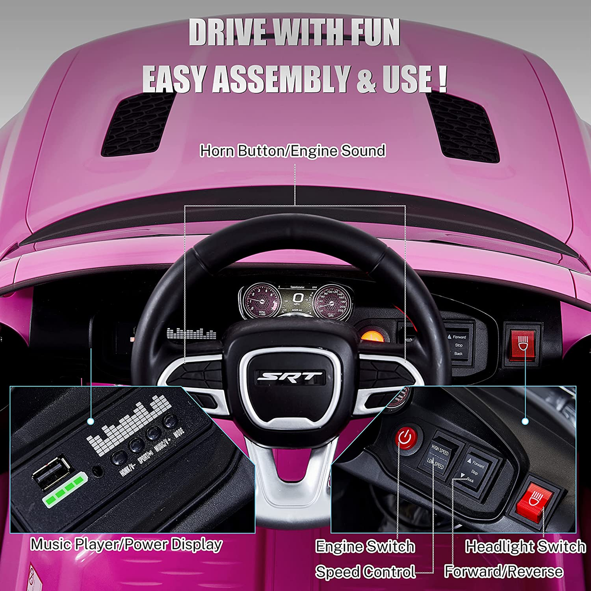 Licensed Dodge Charger SRT Hellcat 12V Electric Ride On Car for Kids w