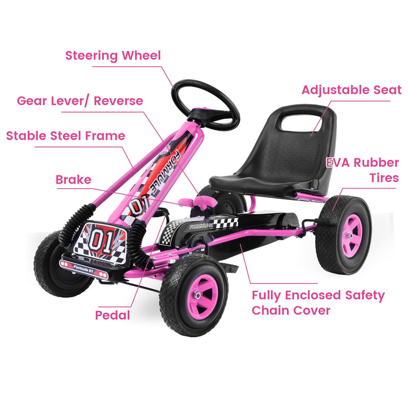 Pedal-Powered Pink Go Kart for Kids with Adjustable Seat