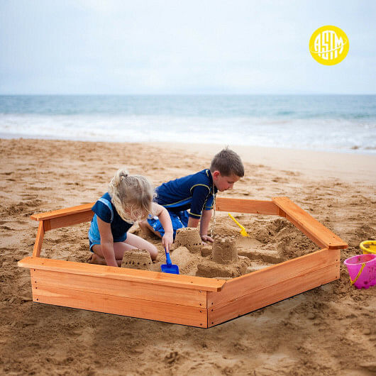 Premium Cedar Sand Box with Built-In Seating and Hexagonal Design