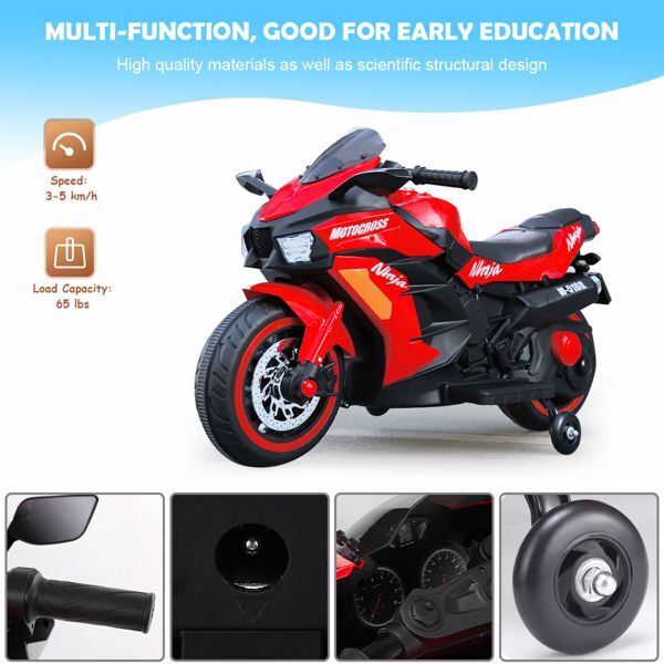 Red 12V Electric Motorbike for Kids with Training Wheels - Ride-On Mot