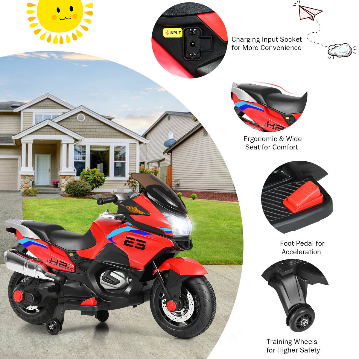 Red Electric Motor Bike for Kids with Training Wheels and Lights - 12V