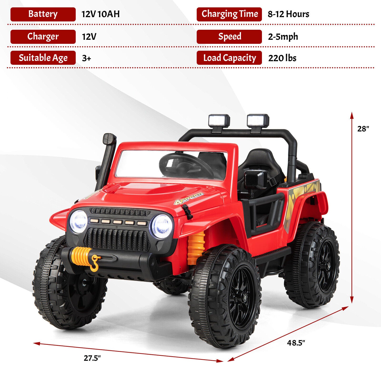 Red Parent-Child Ride On Truck Car with Remote Control, Music, and LED
