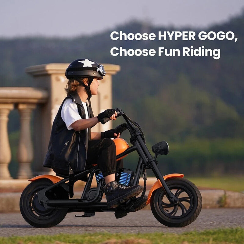 Hyper GOGO Cruiser 12 Plus Electric Motorcycle for Kids, 12 x 3 Tires,  160W, 5.2Ah, Bluetooth Speaker, LED Lights - Orange 