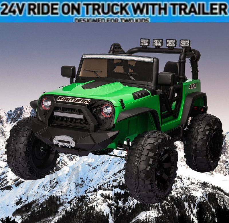 24V Battery-Powered Kids Ride On Truck with Trailer and RC Control - 3 Speeds, Camo Design