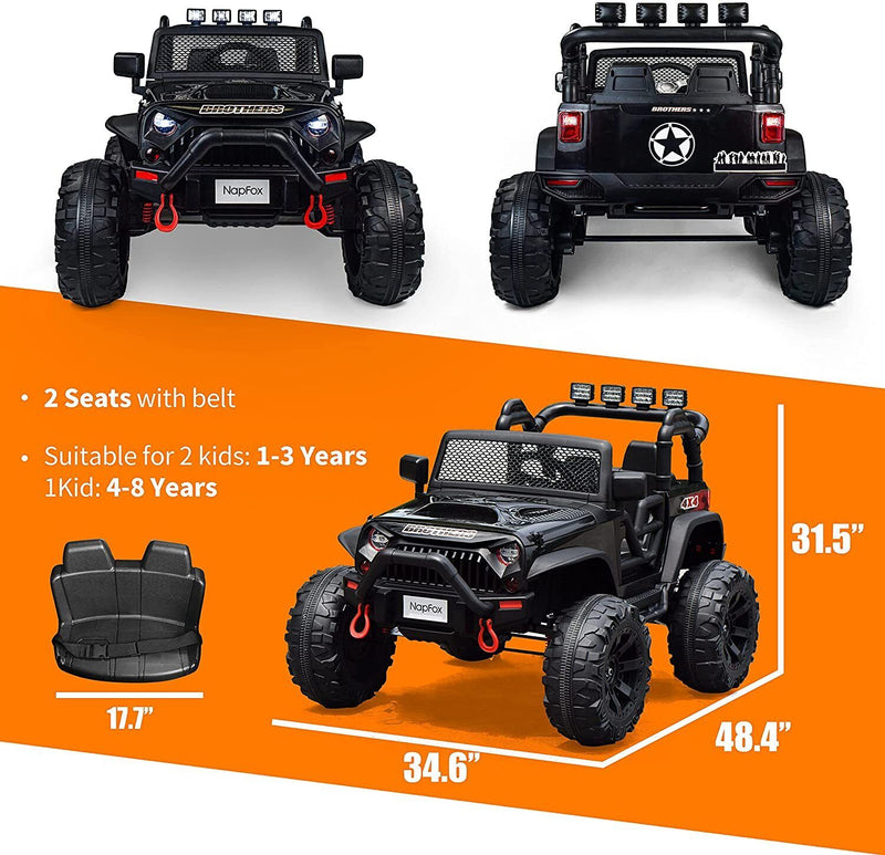 12V Battery Powered Electric Ride On Car for Kids with 2 Seats - Black, 48.4