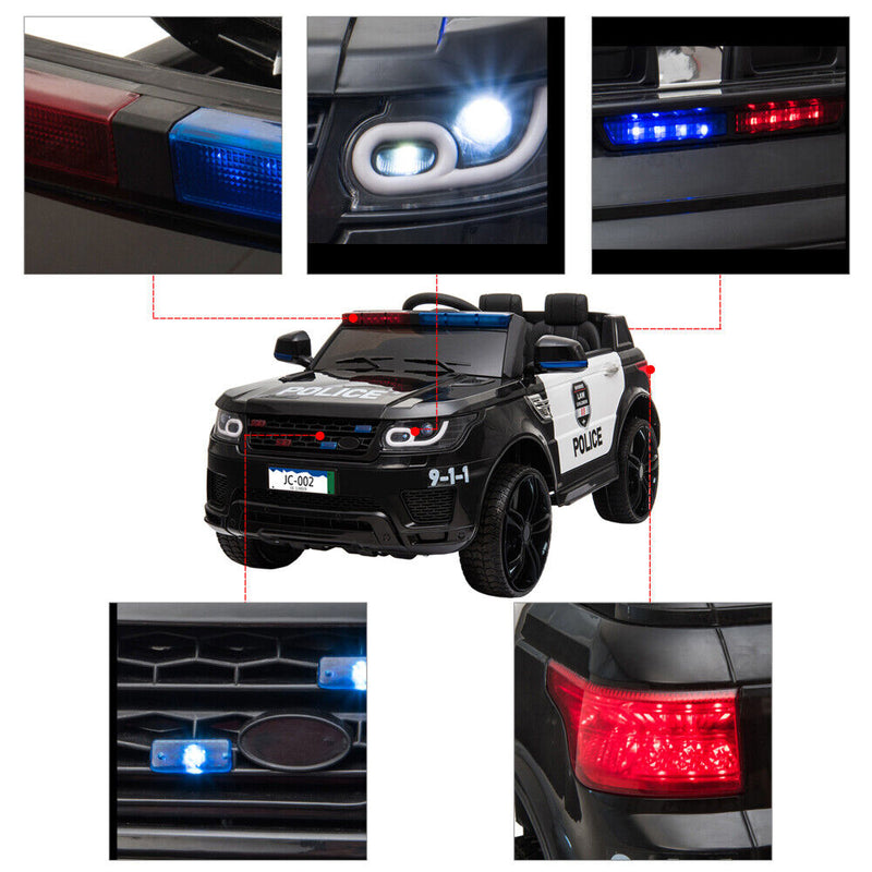 12V Children's Police Ride-On Vehicle Electric Cars with 2.4G Remote Control and LED Flashing Lights U1