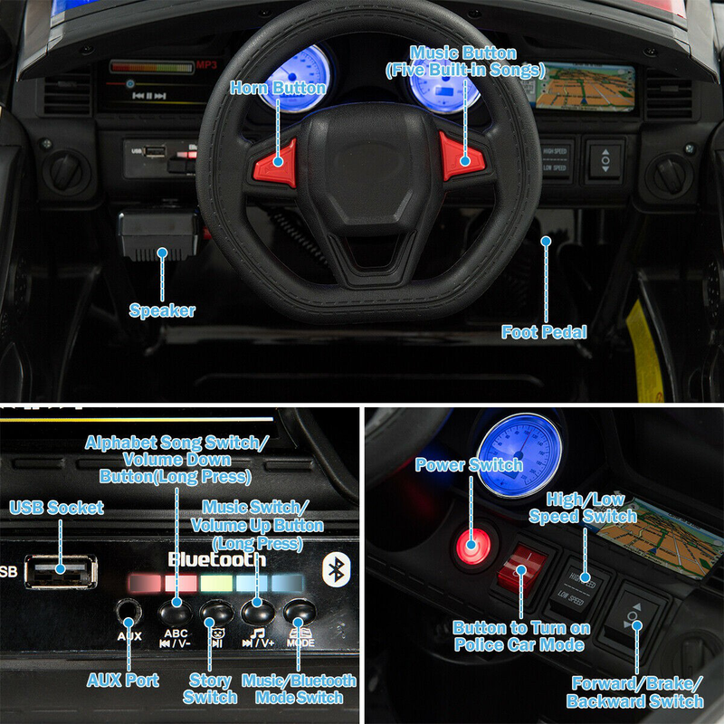 Electric Bluetooth Ride On Police Car for Kids with Remote Control - 12V