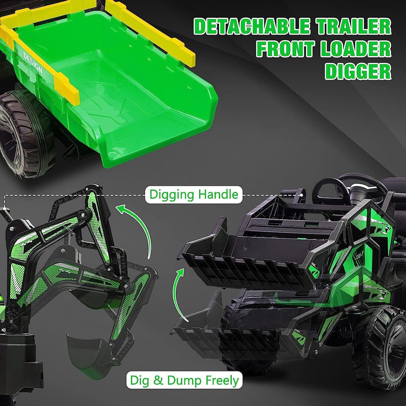 24V Battery-Powered Tractor with Trailer Loader & Digger Remote-Control Ride-on Vehicle