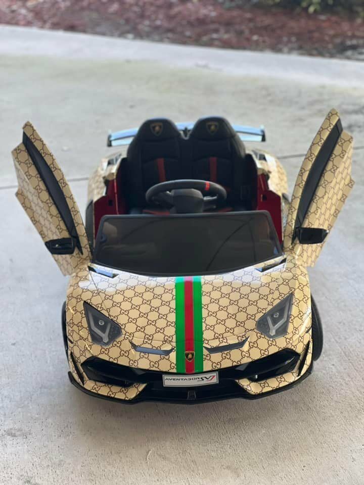 12V Lamborghini Aventador SVJ Children's Ride-On Sports Car with Remote Control and Gucci Wrap