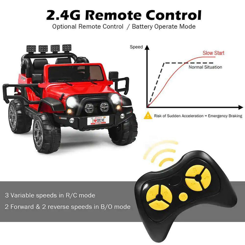 RC Electric Ride-On Toy Truck for Kids with 2 Seats and Storage Compartment - Red 12.6"