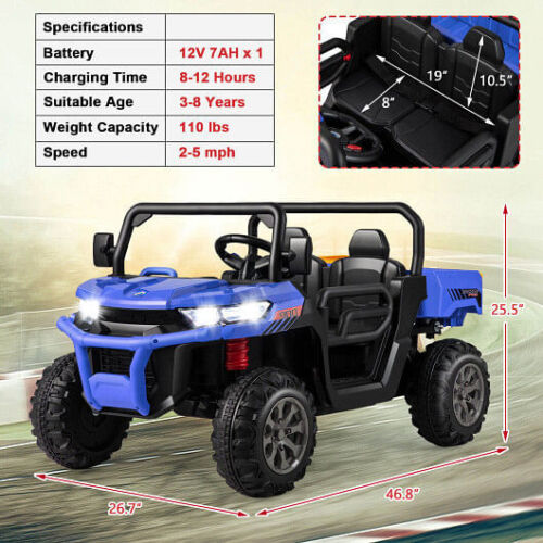 Blue 2-Seater Kids Dump Truck with Dump Bed and Shovel for Outdoor Play