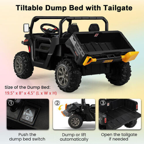 Black 2-Seater Kids Ride On Dump Truck with Dump Bed and Shovel