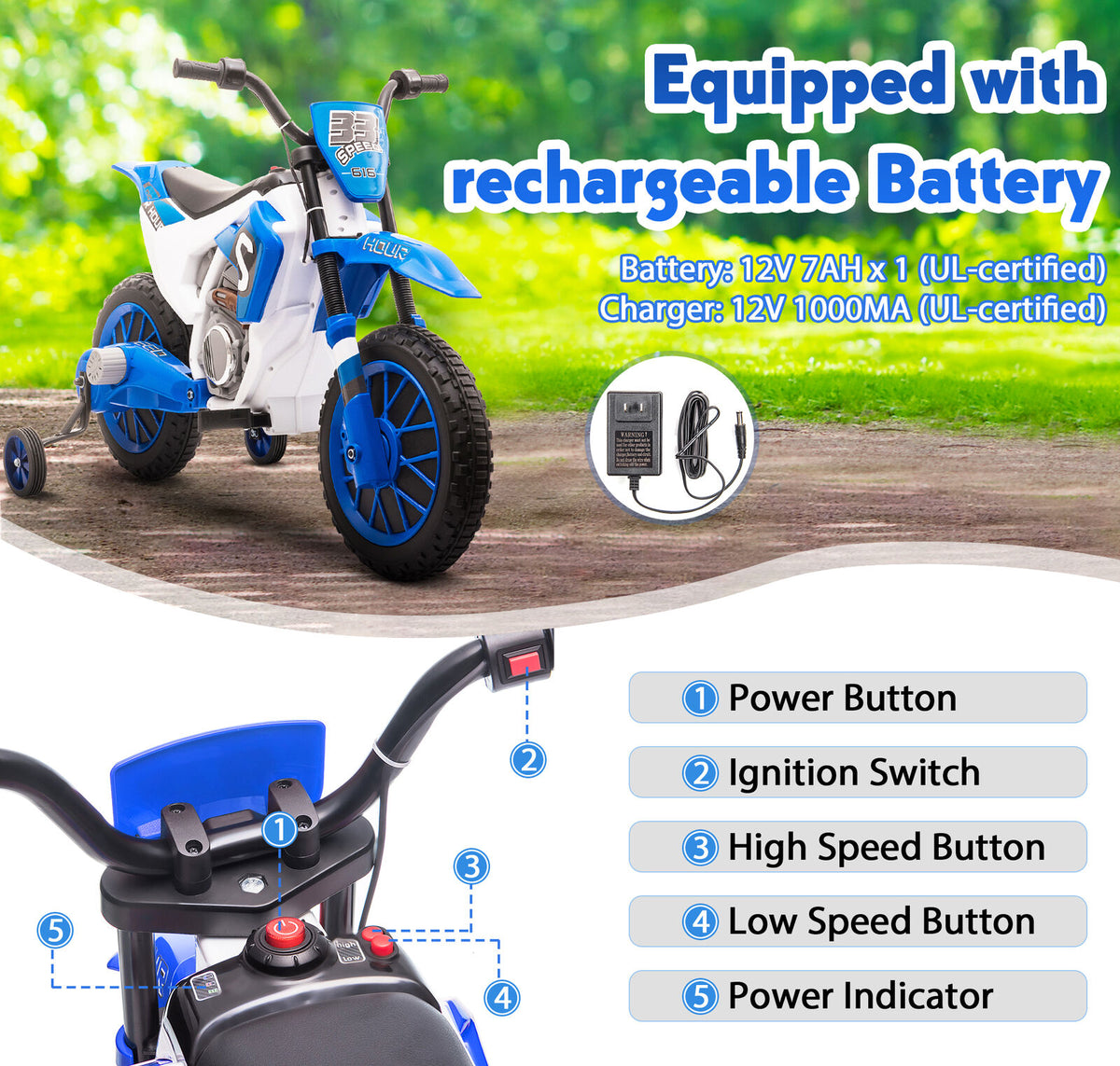 TOBBI 12V Electric Dirt Bike for Kids with Training Wheels Realistic