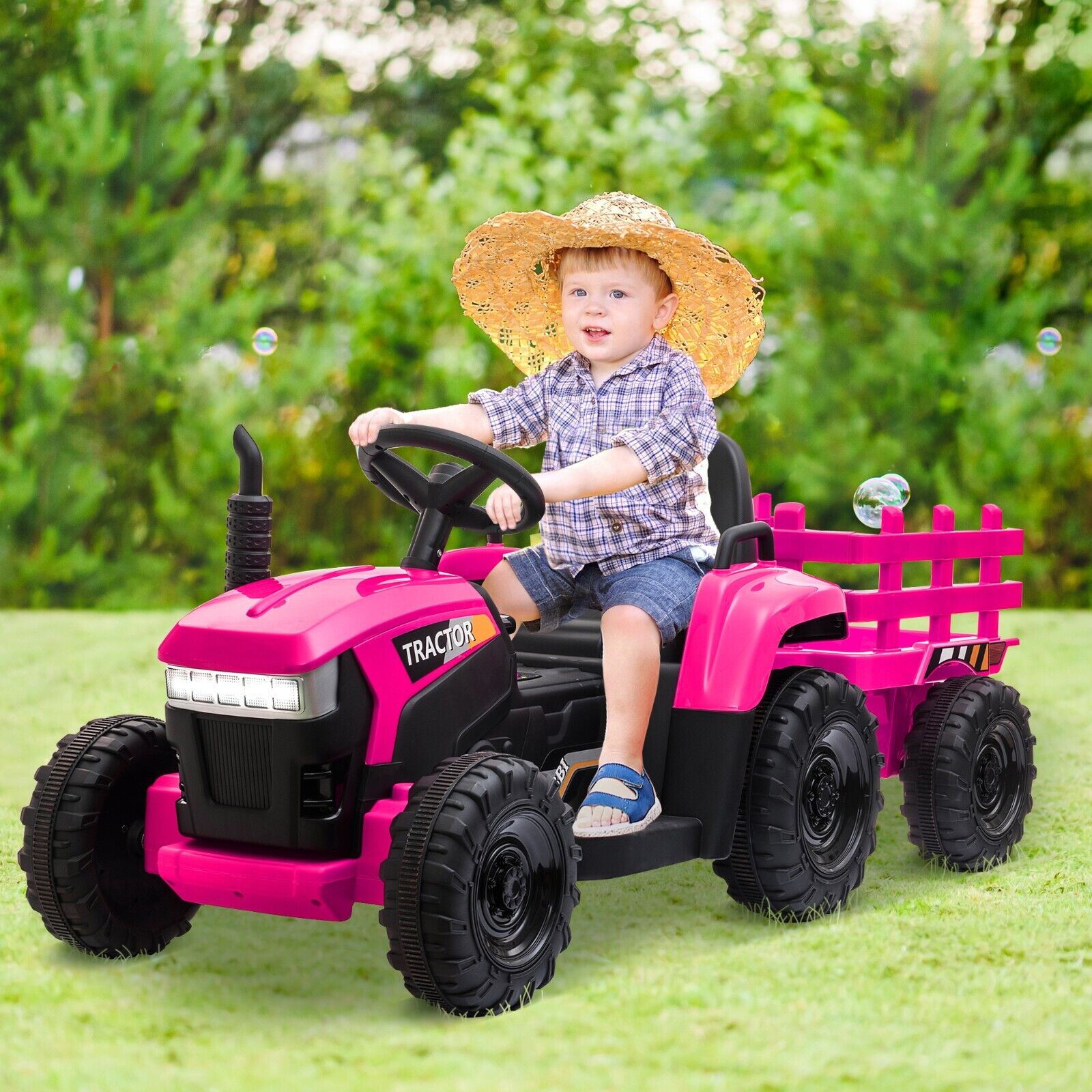 TOBBI 12V Electric Kids Tractor with Trailer - Battery Powered Ride-On