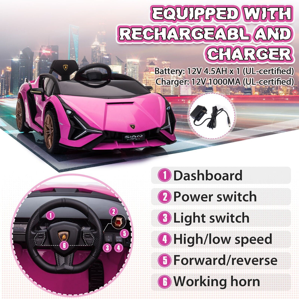 TOBBI 12V Pink Lamborghini SIAN Electric Ride-On Car for Kids with Rem