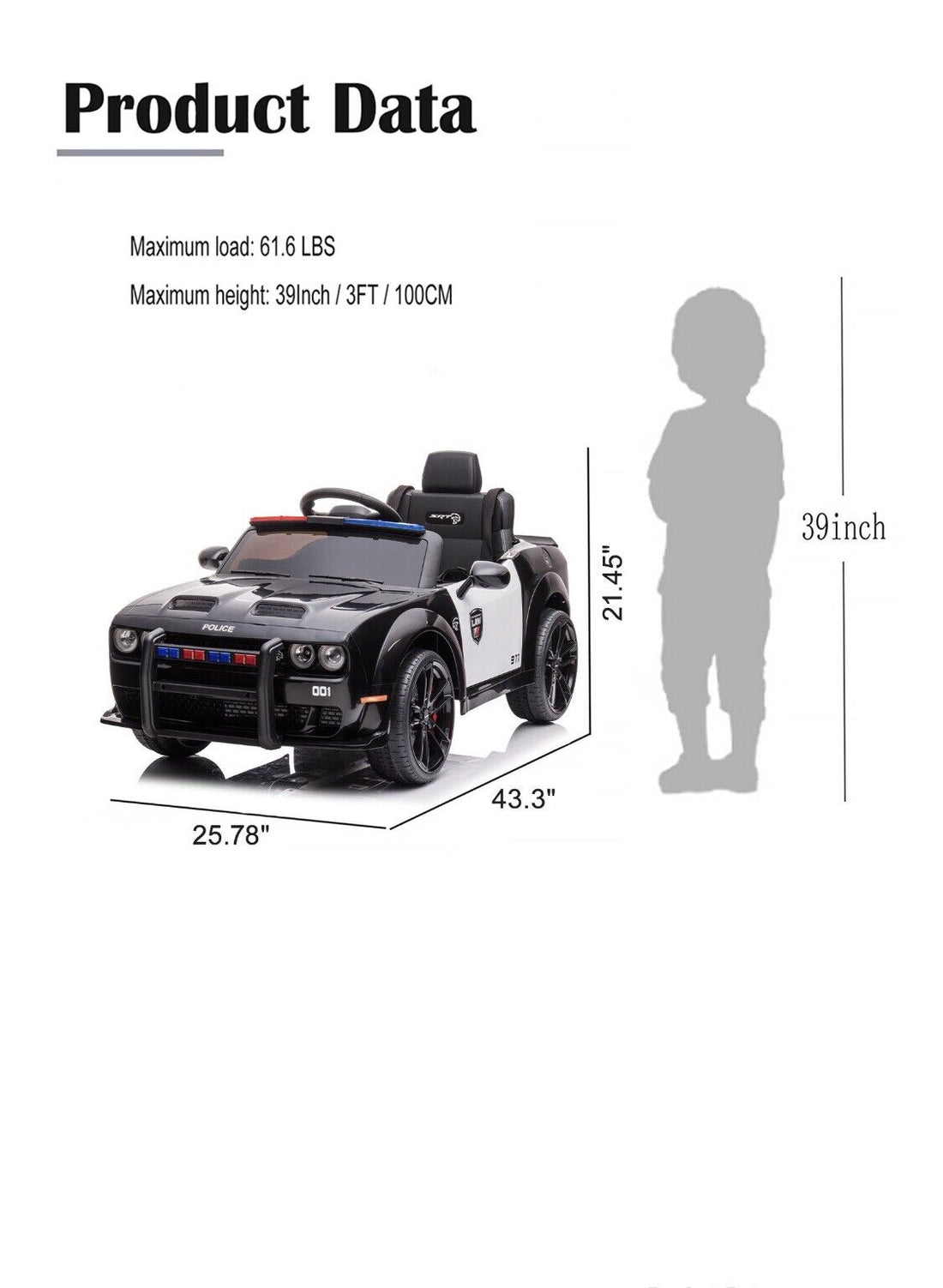 Ultimate Dodge Challenger SRT Hellcat Police Car 12V Kids Ride-On Toy